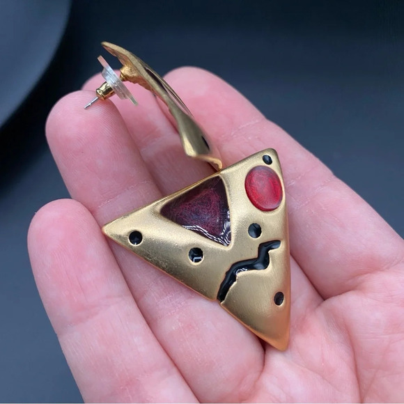 Retro 80s Glam Statement Earrings - Abstract Gold Plated Vintage Earrings - Picture 4 of 9